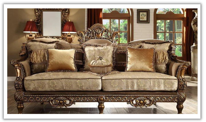 Hewitt Fabric Sofa In Metallic Antique Gold Finish