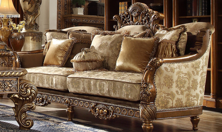 Hewitt Fabric Sofa In Metallic Antique Gold Finish