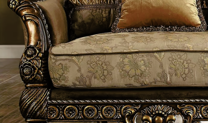 Hewitt Fabric Sofa In Metallic Antique Gold Finish