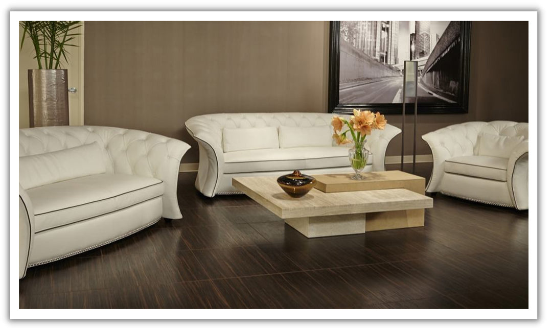 AICO Molisa 2-Seater Tufted Leather Sofa with Flare Arms in White