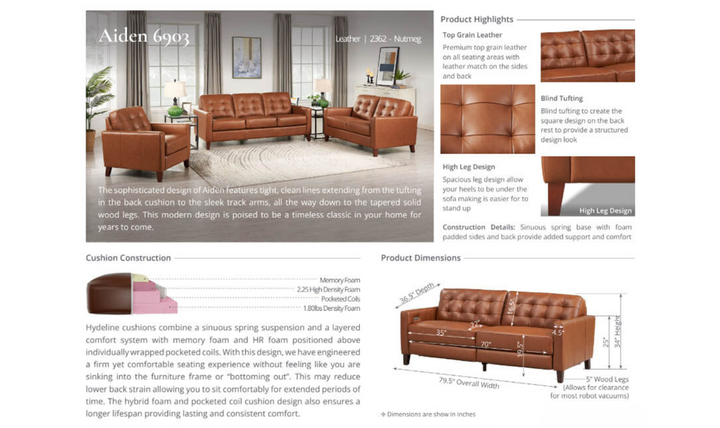 Aiden 3-Seater Leather Sofa With Track Arms