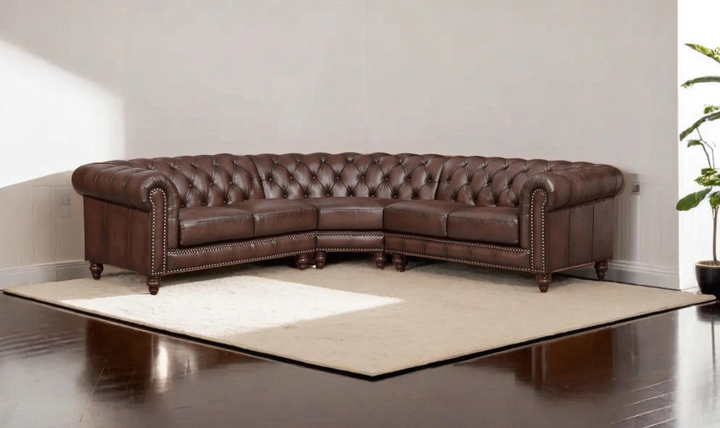 Alton Bay Leather Sectional Sofa In  Caramel Brown with Nailhead Finish