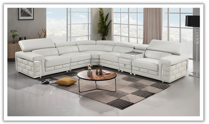 ESF Enamor L-Shaped Silver Leather Sectional Sofa with Adjustable Headrests