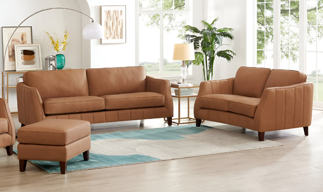 Aria Leather Living Room Set In Saddle Brown