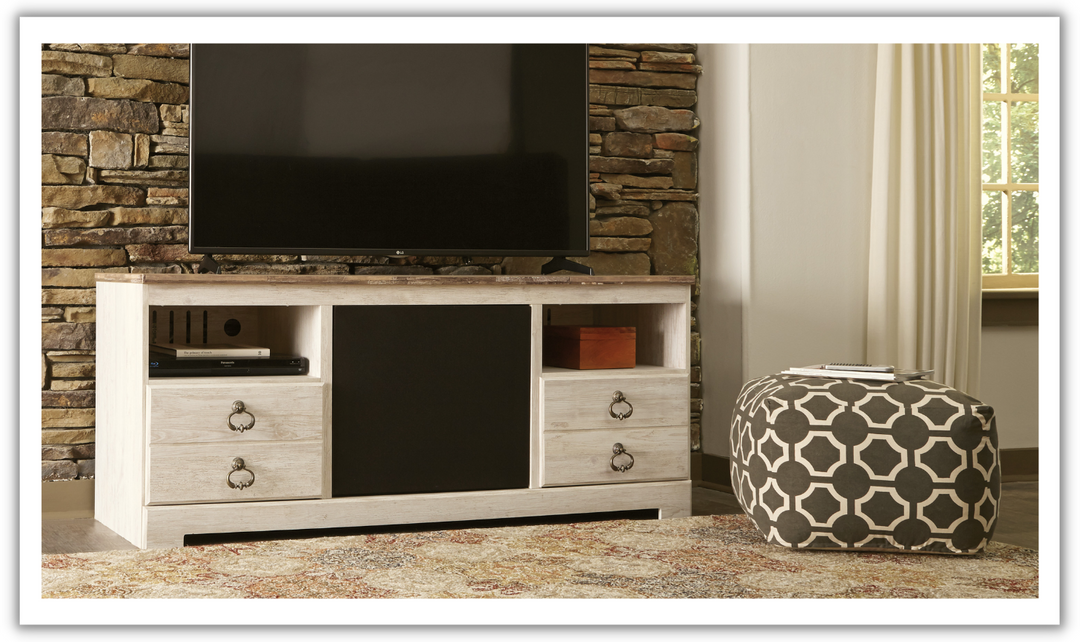 Ashley  Willowton Whitewash TV Stand with FirePlace-Jennifer Furniture