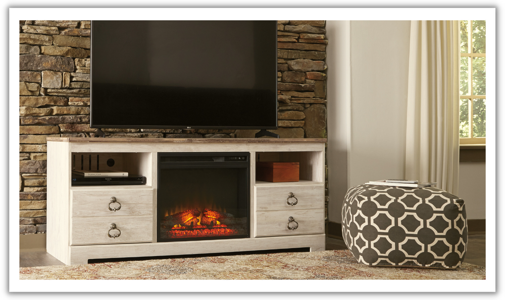 Ashley  Willowton Whitewash TV Stand with FirePlace-Jennifer Furniture