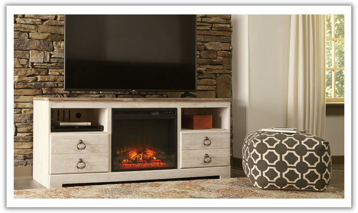 Ashley  Willowton Whitewash TV Stand with FirePlace-Jennifer Furniture