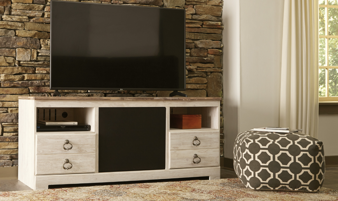 Ashley  Willowton Whitewash TV Stand with FirePlace-Jennifer Furniture