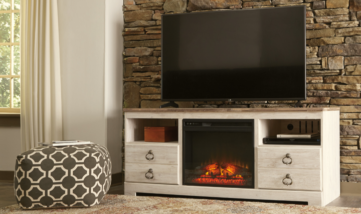 Ashley  Willowton Whitewash TV Stand with FirePlace-Jennifer Furniture