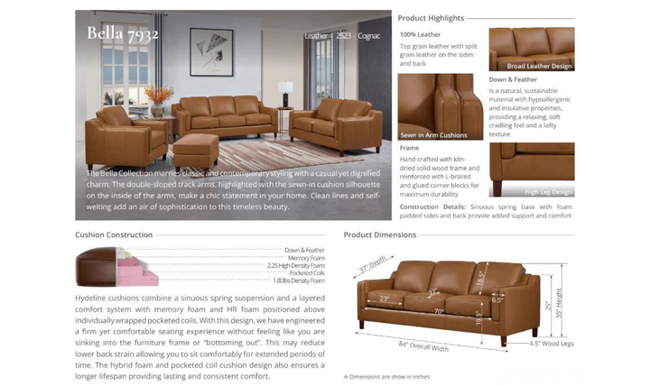 Bella Leather Sectional Sofa In Cognac Brown