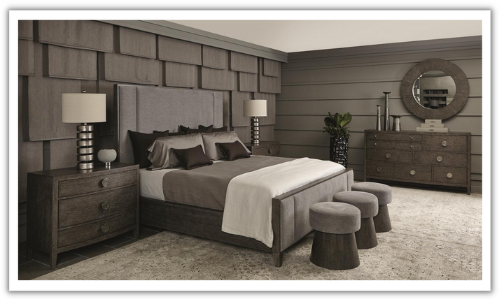 Bernhardt Linea Cerused Charcoal Upholstered Panel Bed