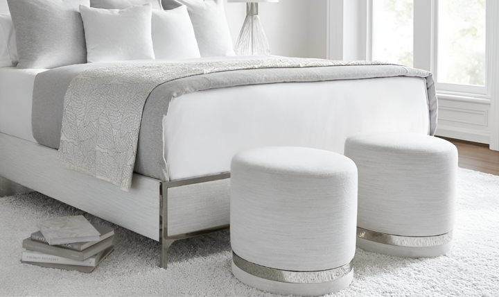 Bernhardt Silhouette Fabric Upholstered Round Ottoman in White-Jennifer Furniture