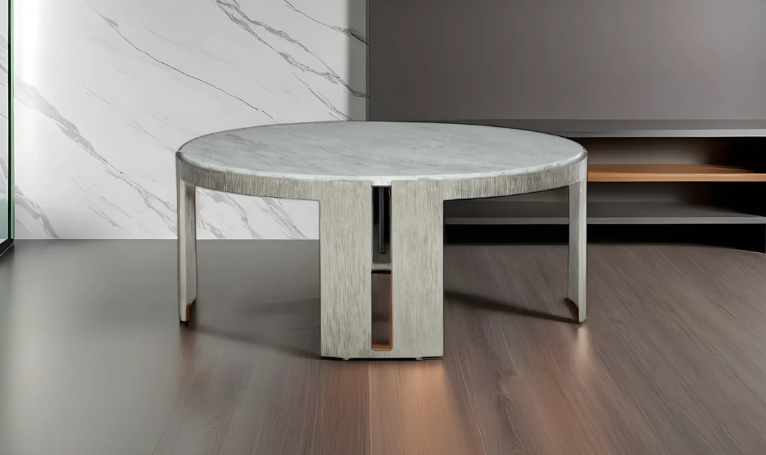 Bernhardt Simone Round Marble Top Cocktail Table With Aluminum Base-Jennifer Furniture