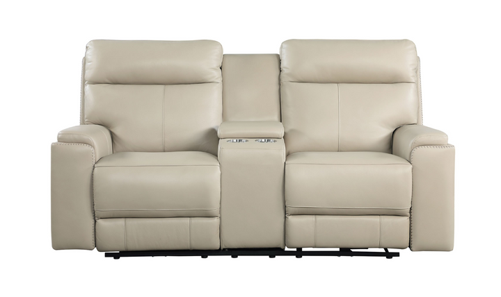 Leather Italia Bryant Taupe Leather Power Reclining Loveseat With Console