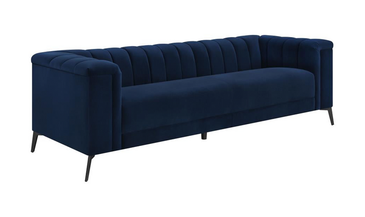 Coaster Chalet Blue Velvet Fabric Tuxedo Arm Sofa-Jennifer Furniture