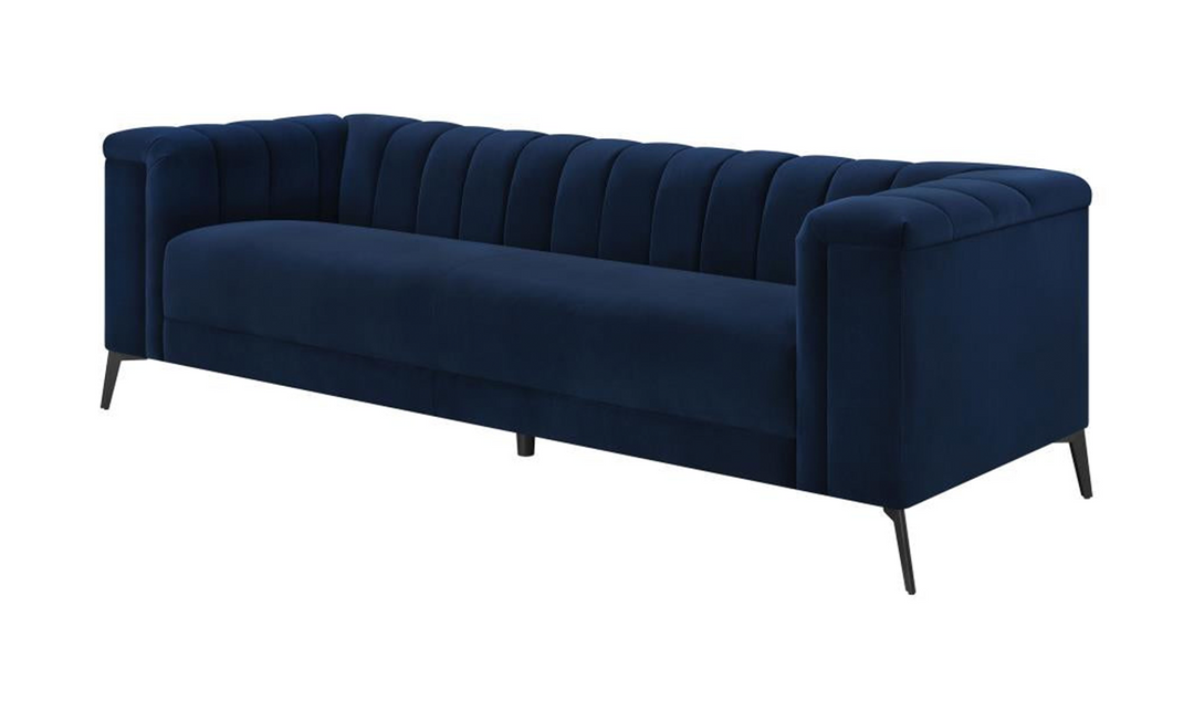 Coaster Chalet Blue Velvet Fabric Tuxedo Arm Sofa-Jennifer Furniture