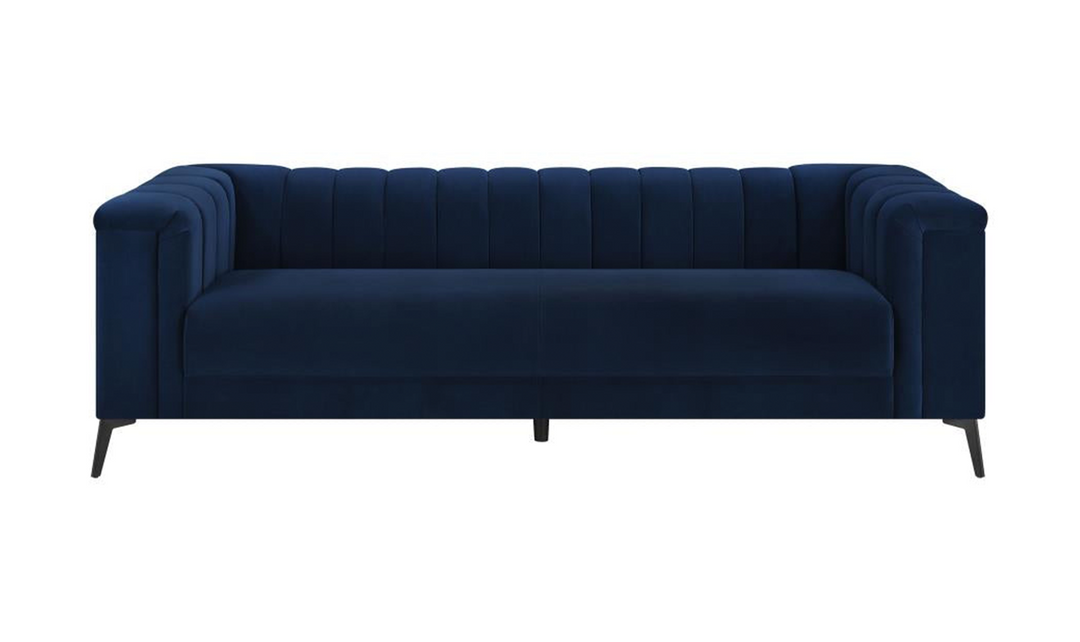 Coaster Chalet Blue Velvet Fabric Tuxedo Arm Sofa-Jennifer Furniture