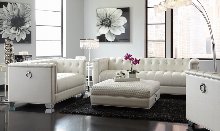 Coaster Furniture Chaviano Tufted Leather Tuxedo Arm Loveseat in White