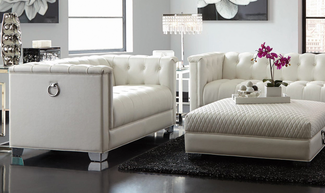 Coaster Furniture Chaviano Tufted Leather Tuxedo Arm Loveseat in White