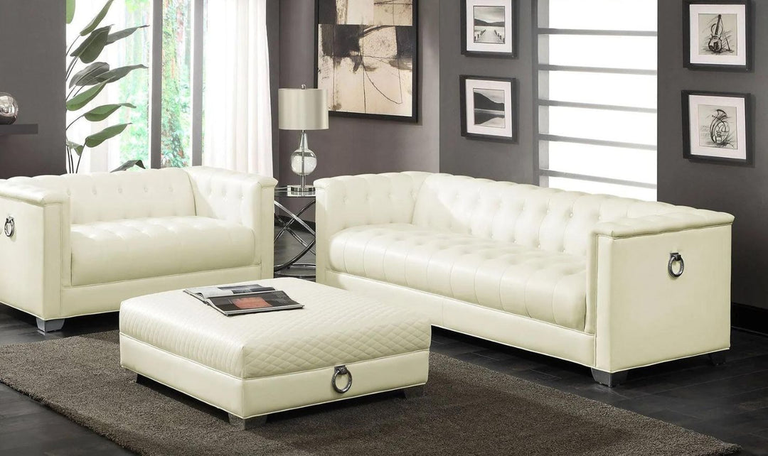 Coaster Chaviano 3-Seater Tufted Faux Leather Sofa in Pearl White