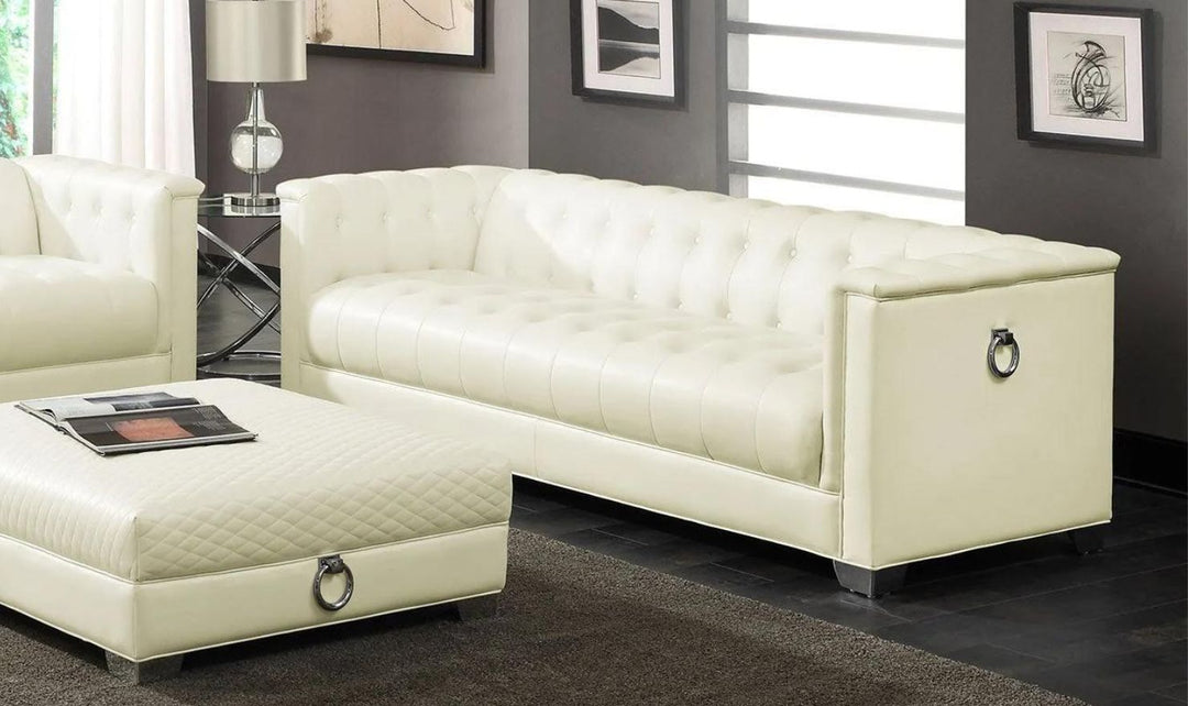 Coaster Chaviano 3-Seater Tufted Faux Leather Sofa in Pearl White