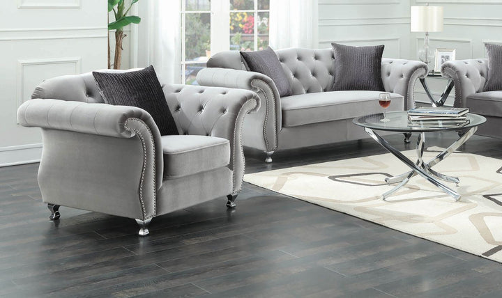 Coaster Frostine Velvet Tufted Back Living Room Set in Silver