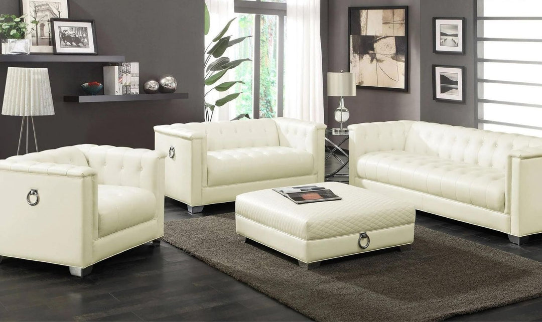 Coaster Furniture Chaviano Tufted Leather Tuxedo Arm Living Room Set in Pearl White