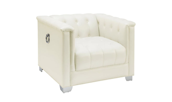 Coaster Furniture Chaviano Tufted Leather Tuxedo Arm Living Room Set in Pearl White