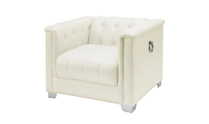 Coaster Furniture Chaviano Tufted Leather Tuxedo Arm Living Room Set in Pearl White