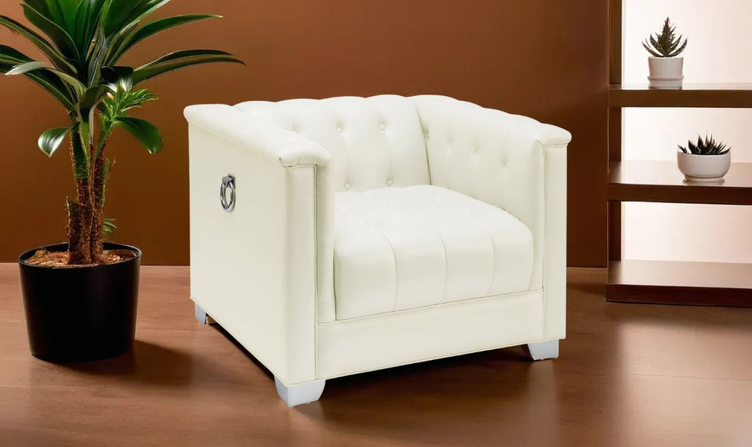 Coaster Furniture Chaviano Tufted Leather Tuxedo Arm Living Room Set in Pearl White