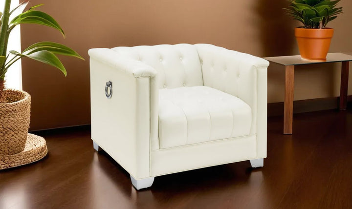 Coaster Furniture Chaviano Tufted Leather Tuxedo Arm Living Room Set in Pearl White