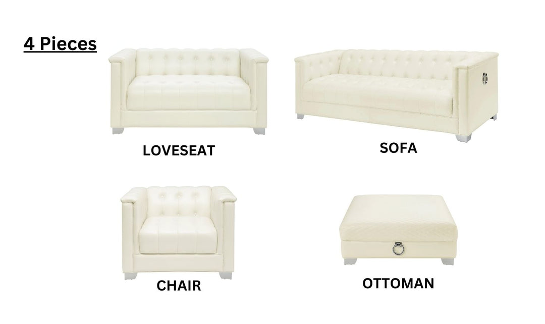 Coaster Furniture Chaviano Tufted Leather Tuxedo Arm Living Room Set in Pearl White