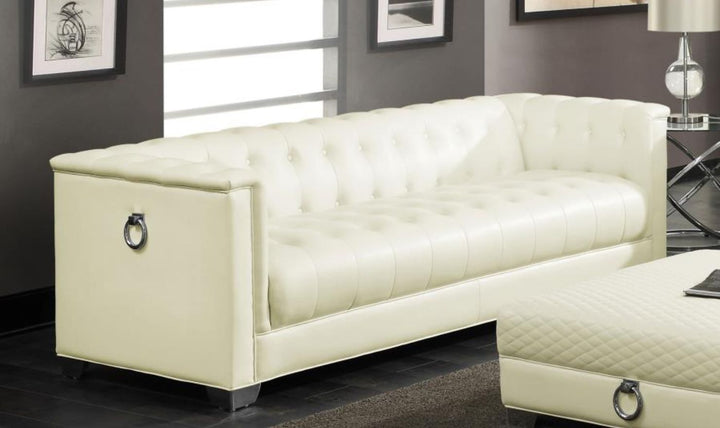 Coaster Furniture Chaviano Tufted Leather Tuxedo Arm Living Room Set in Pearl White