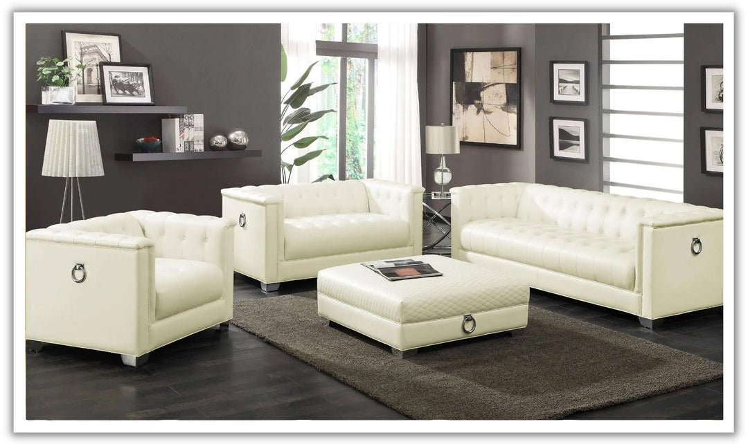 Coaster Furniture Chaviano Tufted Leather Tuxedo Arm Living Room Set in Pearl White