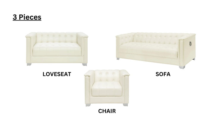 Coaster Furniture Chaviano Tufted Leather Tuxedo Arm Living Room Set in Pearl White