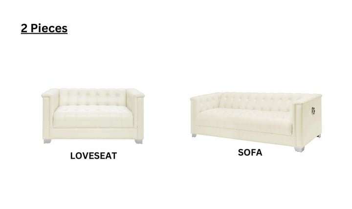 Coaster Furniture Chaviano Tufted Leather Tuxedo Arm Living Room Set in Pearl White