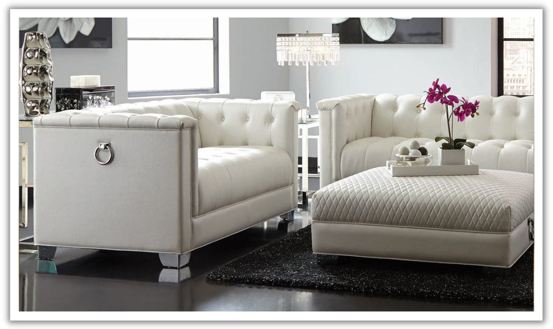 Coaster Furniture Chaviano Tufted Leather Tuxedo Arm Loveseat in White