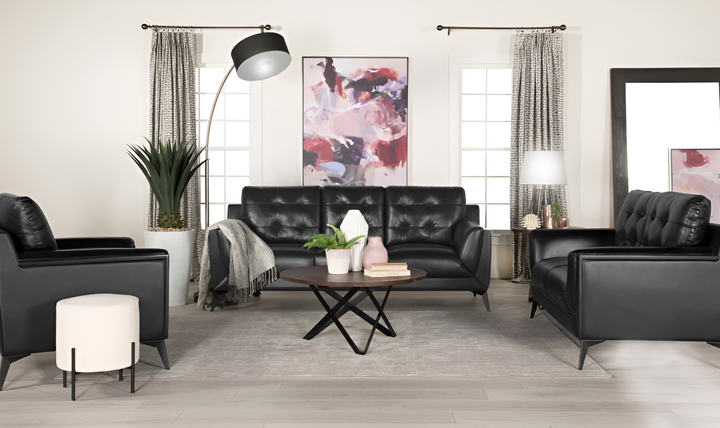 Coaster Furniture Moira Tufted Leather Living Room Set in Black-Jennifer Furniture