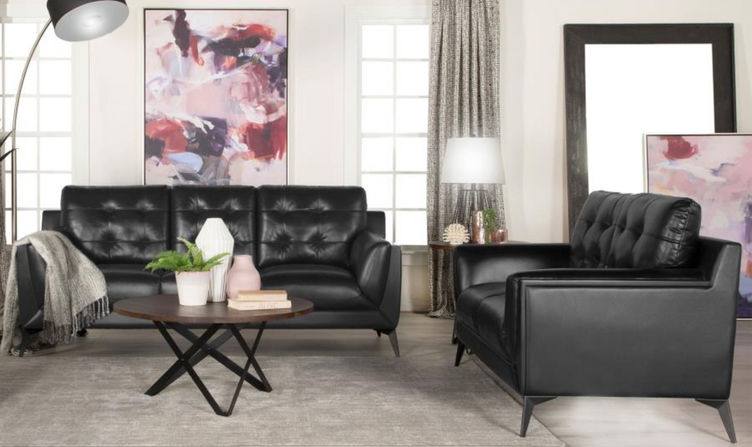 Coaster Furniture Moira Tufted Leather Living Room Set in Black-Jennifer Furniture