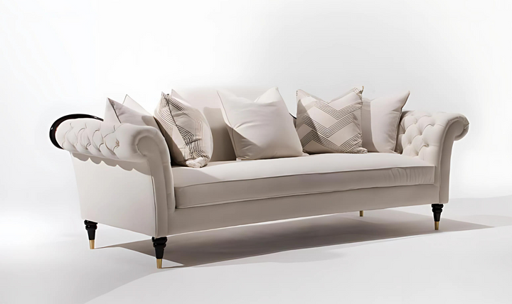 Gio Italia Dantone 3-Seater White Fabric Sofa with Tufted Rolled Arm