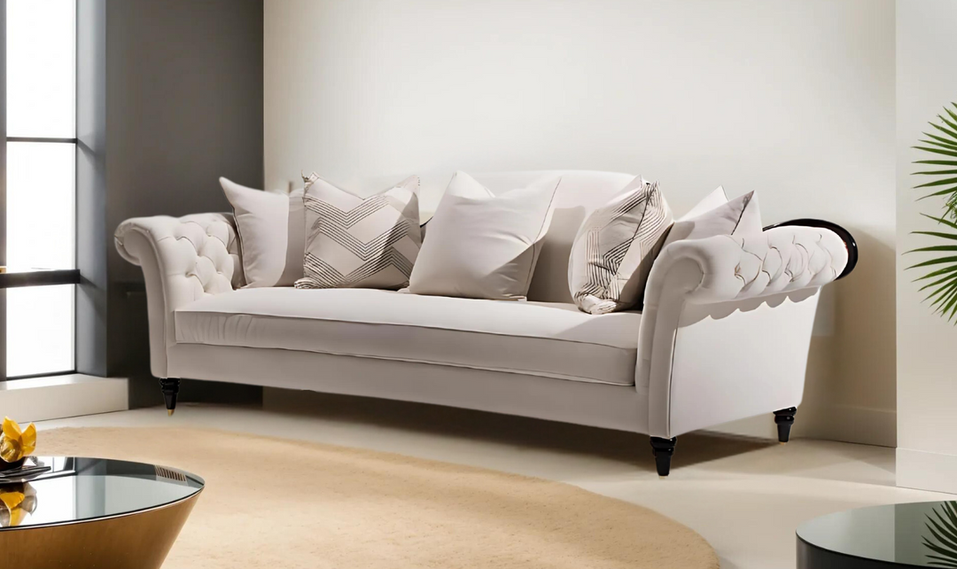 Gio Italia Dantone 3-Seater White Fabric Sofa with Tufted Rolled Arm