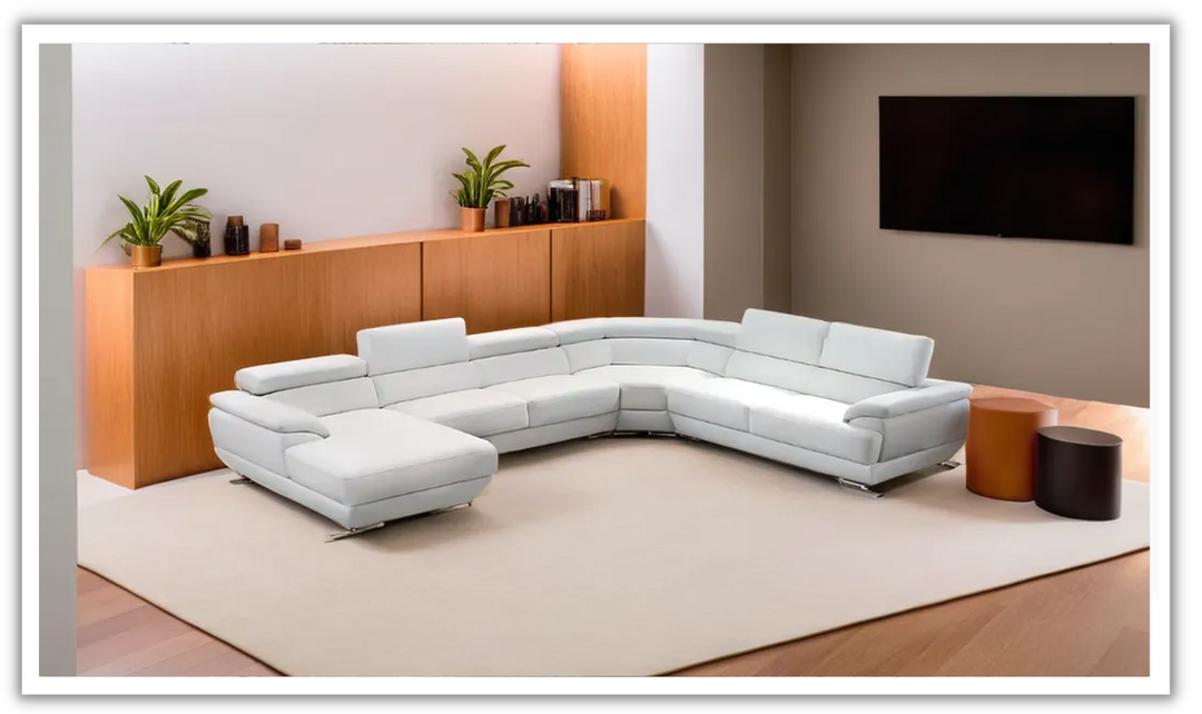 ESF Furniture Corde U-Shaped Leather Sectional Sofa with Chaise in White