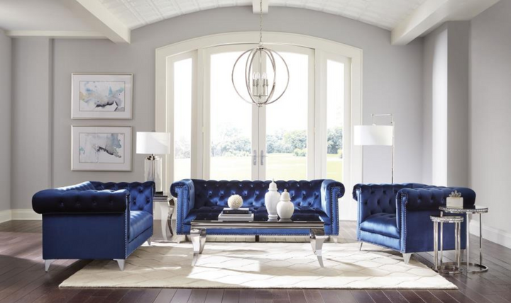 Coaster Bleker 3-Seater Blue Velvet Tufted Tuxedo Arm Sofa