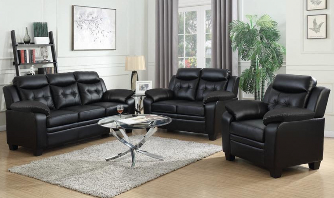 Coaster Finley 3-Seater Tufted Faux Leather Sofa in Black- Jennifer Furniture