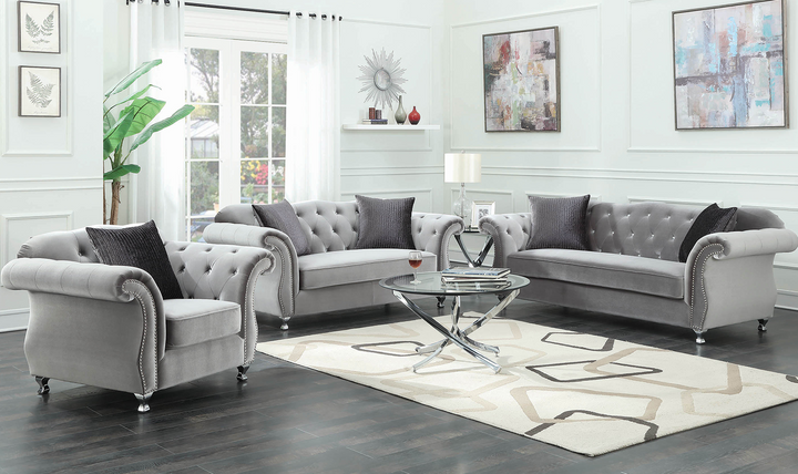 Coaster Frostine 3-Seater Silver Velvet Tufted Sofa in Chrome Finish