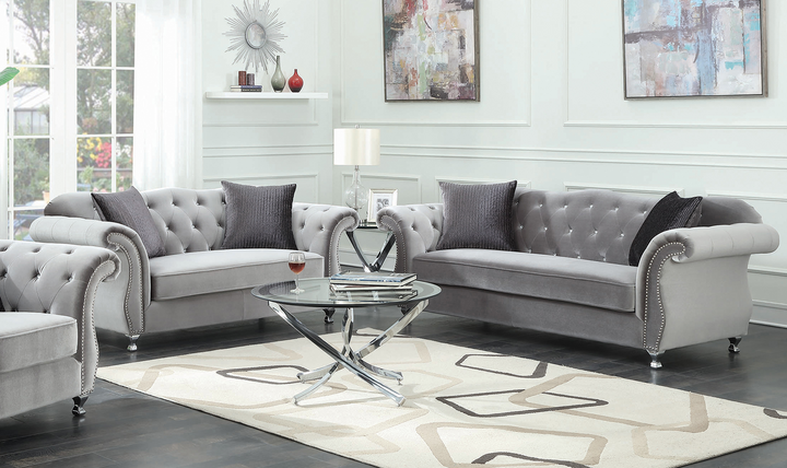 Coaster Frostine 3-Seater Silver Velvet Tufted Sofa in Chrome Finish