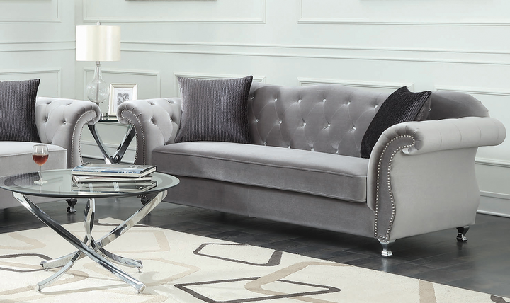 Coaster Frostine 3-Seater Silver Velvet Tufted Sofa in Chrome Finish