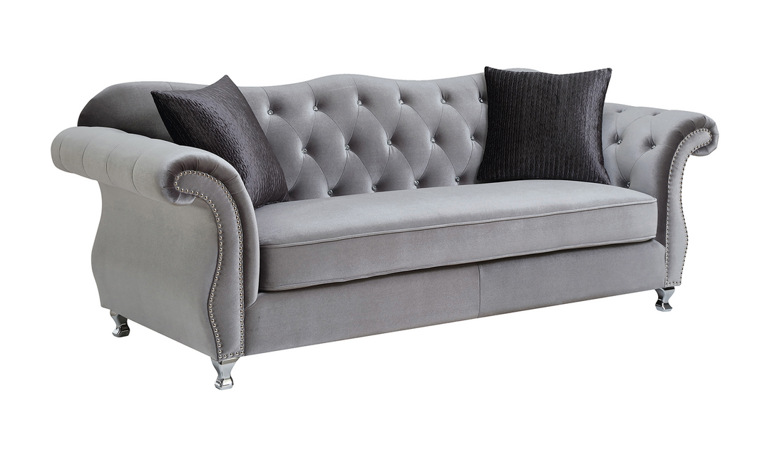 Coaster Frostine 3-Seater Silver Velvet Tufted Sofa in Chrome Finish