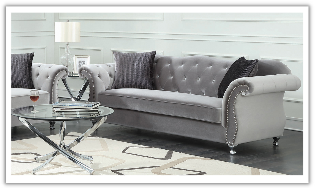 Coaster Frostine 3-Seater Silver Velvet Tufted Sofa in Chrome Finish