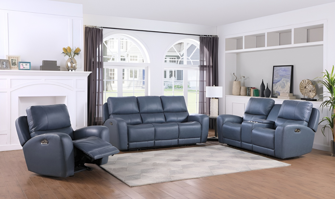 Leather Italia Bel Air Blue Power Leather Living Room Set-Jennifer Furniture